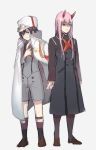  1boy 1girl black_hair blue_eyes brown_footwear coat commentary couple darling_in_the_franxx english_commentary green_eyes hand_holding hat highres hiro_(darling_in_the_franxx) horns long_hair military military_uniform nakadai_chiaki oni_horns open_clothes open_coat peaked_cap pink_hair shoes short_hair socks uniform zero_two_(darling_in_the_franxx) 