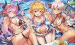  3girls ahoge bangs bare_shoulders bikini blonde_hair blue_eyes blush breasts brown_eyes cleavage collarbone dark_skin djeeta_(granblue_fantasy) double_bun draph earrings eyebrows_visible_through_hair flower front-tie_bikini front-tie_top granblue_fantasy hair_between_eyes hair_flower hair_ornament hair_over_one_eye hairband hairclip hibiscus himuro_(dobu_no_hotori) hips horns jacket jewelry large_breasts lavender_hair long_hair looking_at_viewer medium_breasts multiple_girls narmaya_(granblue_fantasy) navel navel_cutout off_shoulder open_clothes open_jacket open_mouth pointy_ears red_eyes short_hair smile swimsuit the_order_grande thigh_strap thighs waist white_bikini white_hair wrist_cuffs 