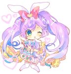  1girl animal_ears bangs blush bow chibi commentary_request copyright_request doll eyebrows_visible_through_hair eyes_visible_through_hair frills green_eyes hair_bow heart knees_together_feet_apart leg_garter long_hair looking_at_viewer nekotorina one_eye_closed parted_lips pink_footwear purple_hair rabbit_ears red_bow shoes smile solo thigh-highs twintails very_long_hair white_legwear 