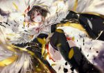  1girl bangs black_legwear blurry blurry_background breasts brown_hair cleavage commentary_request depth_of_field dutch_angle feathers feet_out_of_frame highres japanese_clothes kimono large_breasts long_sleeves looking_at_viewer mask mask_on_head obi onmyoji parted_lips pleated_skirt red_eyes red_skirt sash skirt solo thigh-highs vardan_(s645062222) wide_sleeves wings 
