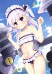  1girl agung_syaeful_anwar azur_lane bandeau bangs bare_arms bare_shoulders belfast_(azur_lane) bikini blue_bikini_bottom blue_ribbon blue_sky blush braid bubble closed_mouth clouds collarbone commentary day dutch_angle eyebrows_visible_through_hair frilled_bikini frills groin hair_between_eyes hair_ribbon hands_up long_hair looking_at_viewer machinery maid_headdress mountain navel one_side_up outdoors purple_hair ribbon shiny shiny_skin sidelocks sky solo strapless strapless_bikini swimsuit violet_eyes water white_bikini_top younger 