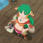  1girl anime_coloring aqua_eyes aqua_hair bag book brown_footwear closed_mouth feena_(grandia) from_above full_body grandia grandia_i green_eyes green_hair hair_tubes hand_on_hip jewelry long_hair looking_up midriff miniskirt paper pendant pink_skirt scroll skirt smile solo squid_neetommy standing wide_sleeves 