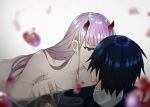  1boy 1girl black_hair couple darling_in_the_franxx face-to-face green_eyes hiro_(darling_in_the_franxx) horns long_hair looking_at_another military military_uniform oni_horns pink_hair raitho104 short_hair thigh-highs uniform zero_two_(darling_in_the_franxx) 