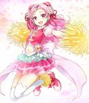  1girl :d commentary_request cure_yell earrings flower full_body hair_flower hair_ornament hair_ribbon heart hugtto!_precure jewelry long_hair looking_at_viewer magical_girl navel nono_hana open_mouth pink_eyes pink_hair pink_skirt pom_poms precure red_ribbon ribbon skirt smile solo thigh-highs tokeshi white_legwear 