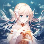  1girl air_bubble bare_shoulders blonde_hair blue_background blue_eyes bubble fish goldfish hand_up head_fins karen_(navy_42) long_hair looking_at_viewer miracle_nikki see-through solo underwater upper_body 