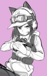  1girl animal_ears baseball_cap closed_mouth commentary_request ears_through_headwear goggles goggles_on_headwear greyscale gun hat headphones highres holding holding_gun holding_weapon jacket long_sleeves looking_at_viewer monochrome original pink_background sash shamonabe short_hair simple_background smile solo trigger_discipline weapon 