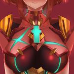  1girl armor breasts close-up head_out_of_frame highres pyra_(xenoblade) large_breasts portrait red_background redhead short_hair simple_background smile upper_body xenoblade_(series) xenoblade_2 