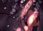  1girl bare_shoulders black_dress black_hair breasts commentary_request dress expressionless flower fuu_kotora glowing glowing_eyes long_hair looking_away multicolored multicolored_eyes original petals pink_eyes sleeveless sleeveless_dress solo_focus sparkle sunlight violet_eyes white_flower 
