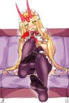  1girl blonde_hair bow commentary_request cuffs facial_mark fate/grand_order fate_(series) feet gloves ibaraki_douji_(fate/grand_order) maid maid_headdress merufena oni oni_horns pantyhose red_gloves sitting tattoo 