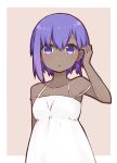  1girl :o arm_behind_back arm_up armpits bangs bare_arms bare_shoulders beige_background blush collarbone dress eyebrows_visible_through_hair fate/prototype fate/prototype:_fragments_of_blue_and_silver fate_(series) hair_tucking halter_dress hassan_of_serenity_(fate) i.u.y looking_at_viewer outside_border parted_lips purple_hair short_hair simple_background sleeveless sleeveless_dress solo spaghetti_strap sundress tareme upper_body violet_eyes white_dress 