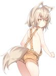  1girl animal_ears bare_shoulders blonde_hair blush fox_ears fox_girl fox_tail from_behind highres looking_at_viewer naked_overalls original overalls short_hair simple_background solo suspenders tail tsunekichi white_background yellow_eyes yoru_(tsunekichi) 
