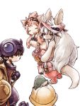  :3 agakunoda animal animal_ears blush_stickers brown_eyes brown_hair character_request claws closed_eyes facial_mark furry goggles goggles_on_head hat helmet highres looking_at_another made_in_abyss meinya_(made_in_abyss) nanachi_(made_in_abyss) on_head regu_(made_in_abyss) riko_(made_in_abyss) tail whiskers white_background yellow_eyes 