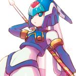  1girl bangs bare_shoulders blue_eyes blue_panties blunt_bangs commentary_request contrapposto elbow_gloves gloves green_eyes hand_up helmet highleg highleg_panties holding holding_weapon leviathan_(rockman) panties parted_lips reiesu_(reis) rockman rockman_zx rockman_zx_advent signature simple_background solo standing underwear weapon white_background 