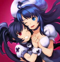  2girls arin artist_request beret black_hair blue_eyes blue_hair breasts hat kooh large_breasts long_hair multiple_girls one_eye_closed pangya red_eyes ribbon short_sleeves twintails 