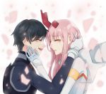  1boy 1girl black_hair closed_eyes couple crying darling_in_the_franxx fuyuseiza gloves hand_on_another&#039;s_face hand_on_another&#039;s_head highres hiro_(darling_in_the_franxx) horns long_hair oni_horns pilot_suit pink_hair short_hair white_gloves zero_two_(darling_in_the_franxx) 