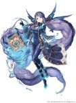  1girl blue_eyes bodysuit book cleavage_cutout covered_navel eyebrows_visible_through_hair fins full_body hand_on_own_chin highres jino long_coat long_hair ningyo_hime_(sinoalice) official_art purple_hair sinoalice skin_tight solo very_long_hair water white_background 