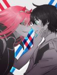  1boy 1girl black_hair couple darling_in_the_franxx face-to-face green_eyes hand_on_another&#039;s_face hiro_(darling_in_the_franxx) horns long_hair looking_at_another military military_uniform oni_horns pink_hair short_hair temaroppu_(ppp_10cc) uniform zero_two_(darling_in_the_franxx) 