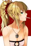  1girl bangs blonde_hair braid camisole cigarette collarbone commentary_request eyebrows_visible_through_hair fate/apocrypha fate/grand_order fate_(series) green_eyes hair_between_eyes hair_ornament hair_scrunchie highres jewelry long_hair looking_at_viewer looking_to_the_side mordred_(fate) mordred_(fate)_(all) mouth_hold pendant ponytail profile red_scrunchie scrunchie signature solo utayoi_(umakatare) white_camisole 