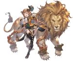  1girl animal bangs boots braid breasts carmelina_(granblue_fantasy) claws detached_sleeves draph epaulettes garter_straps gloves granblue_fantasy hair_ornament hat high_heel_boots high_heels holding holding_weapon horns large_breasts lion long_hair long_sleeves looking_at_viewer minaba_hideo miniskirt one_leg_raised open_mouth skirt smile tail thigh-highs thigh_boots under_boob very_long_hair weapon whip white_gloves 