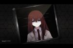  1girl absurdres artist_name bangs character_name collared_shirt copyright_name dutch_angle grey_jacket hair_between_eyes highres jacket lawnielle letterboxed long_hair looking_at_viewer makise_kurisu open_clothes open_jacket pale_skin redhead screen shirt solo steins;gate violet_eyes white_shirt wing_collar 