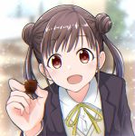  1girl blurry brown_eyes brown_hair chocolate depth_of_field double_bun halsya highres idolmaster idolmaster_shiny_colors school_uniform solo sonoda_chiyoko sparkle twintails upper_body 