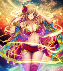  1girl armlet armor arms_up bangle bangs bare_shoulders bikini bikini_armor black_bikini_bottom blonde_hair blue_eyes blush bracelet breasts cleavage closed_mouth clouds cloudy_sky collarbone cowboy_shot flower gradient_hair hair_flower hair_ornament hibiscus highres jewelry large_breasts light light_particles lips long_hair looking_at_viewer miniskirt mismatched_bikini mole mole_under_eye multicolored_hair navel official_art original outdoors pleated_skirt purple_hair red_bikini_top red_legwear red_skirt single_thighhigh skirt sky solo standing stomach suke_akurou swimsuit thigh-highs thighs very_long_hair water_drop 