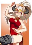  1girl aliza_(granblue_fantasy) breasts cleavage cleavage_cutout draph dress earrings granblue_fantasy graphite_(medium) hair_ornament highres horns jewelry long_hair omega_(endsunrise) open_mouth pointy_ears ponytail red_dress red_eyes side_slit silver_hair solo traditional_media 