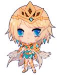  1girl blonde_hair blue_eyes blue_hair cape chibi crown dress earrings feather_trim fire_emblem fire_emblem_heroes fjorm_(fire_emblem_heroes) gradient gradient_hair jewelry looking_at_viewer multicolored_hair onisuu polearm short_hair smile solo thigh-highs transparent_background weapon 
