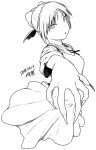  1girl bow dated dress fingernails foreshortening from_side gegege_no_kitarou greyscale hair_bow hair_bun long_fingernails looking_at_viewer monochrome neck_ribbon nekomusume nekomusume_(gegege_no_kitarou_6) parted_lips ribbon sharp_fingernails short_hair signature simple_background solo tsukudani_(coke-buta) upper_body white_background 