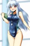  1girl blue_hair blue_swimsuit breasts clipboard competition_swimsuit d-m_(dii_emu) highres kamishirasawa_keine long_hair medium_breasts multicolored_hair one-piece_swimsuit open_mouth red_eyes silver_hair smile solo swimsuit touhou two-tone_hair violet_eyes whistle 