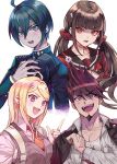  2boys 2girls :d ahoge akamatsu_kaede bangs beard black_hair black_jacket blonde_hair blunt_bangs bow bowtie brown_hair collarbone cropped_torso dangan_ronpa eyebrows_visible_through_hair eyes facial_hair green_eyes grey_vest hair_ornament hair_scrunchie harukawa_maki index_finger_raised inzup jacket long_hair looking_at_viewer momota_kaito multiple_boys multiple_girls musical_note_hair_ornament new_dangan_ronpa_v3 open_clothes open_jacket open_mouth orange_neckwear parted_bangs purple_hair red_scrunchie red_shirt saihara_shuuichi school_uniform scrunchie shirt smile spiky_hair sweatdrop twintails upper_body very_long_hair vest violet_eyes white_background white_bow white_shirt 