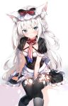  1girl 3: absurdres american_flag american_flag_print animal_ears apron azur_lane bangs between_legs black_bow black_legwear blue_eyes blush boots bow breasts cat_ears closed_mouth dress eyebrows_visible_through_hair flag_print frill_trim frills grey_footwear hair_bow hammann_(azur_lane) hand_between_legs hat highres knee_boots long_hair maid maid_headdress necktie one_side_up pout puffy_short_sleeves puffy_sleeves short_sleeves sidelocks silver_hair sitting small_breasts solo thigh-highs tsurime umibouzu_(niito) v-shaped_eyebrows waist_apron wavy_mouth wrist_cuffs 