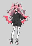  1girl absurdres black_jacket closed_mouth contrapposto eyebrows_visible_through_hair full_body grey_background grey_eyes hair_between_eyes highres horns jacket long_hair long_sleeves low_wings original pink_hair shoes simple_background smile solo standing thigh-highs two_side_up westxost_(68monkey) white_footwear white_legwear wings zettai_ryouiki 