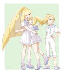  1boy 2girls blonde_hair brother_and_sister capri_pants closed_eyes cosplay gladio_(pokemon) green_eyes hair_over_one_eye hand_on_hip highres hug lillie_(pokemon) lillie_(pokemon)_(cosplay) long_hair lusamine_(pokemon) miu_(miuuu_721) mother_and_daughter mother_and_son multiple_girls open_mouth pants pokemon pokemon_(game) pokemon_sm shirt short_hair short_sleeves siblings skirt socks white_footwear white_legwear white_pants white_shirt white_skirt 