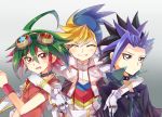  3boys ahoge arm_around_neck black_hair blue_eyes blue_hair choker closed_eyes goggles goggles_on_head green_hair grin jacket male_focus multicolored_hair multicolored_shirt multiple_boys open_clothes open_jacket open_mouth red_eyes redhead rento_(rukeai) sakaki_yuuya short_sleeves smile spiky_hair star white_jacket yu-gi-oh! yuu-gi-ou_arc-v yuugo_(yuu-gi-ou_arc-v) yuuto_(yuu-gi-ou_arc-v) 