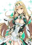  1girl armor blonde_hair blush breasts cleavage dress gloves highres mythra_(xenoblade) large_breasts long_hair looking_at_viewer shimo_(s_kaminaka) simple_background solo xenoblade_(series) xenoblade_2 yellow_eyes 