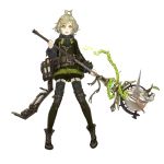  1boy ahoge belt book chains eyebrows_visible_through_hair full_body green_eyes green_hair jino long_nose official_art pinocchio_(sinoalice) shorts sinoalice solo thigh-highs tongue tongue_out white_background 