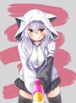  1girl :q animal_ears animal_hood azuma_lim azuma_lim_channel bangs black_legwear black_skirt blush brown_eyes cat_ears cat_hood closed_mouth daifukumochi_(akaaokiiwo) ear_piercing hair_between_eyes highres holding hood hood_up hoodie long_hair long_sleeves looking_at_viewer piercing pleated_skirt silver_hair skirt sleeves_past_wrists smile solo thigh-highs tongue tongue_out virtual_youtuber white_hoodie 