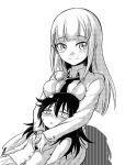  2girls black_hair blazer blush highres hug jacket katou_asuka kuroki_tomoko long_hair monochrome multiple_girls necktie newsprint_texture watashi_ga_motenai_no_wa_dou_kangaetemo_omaera_ga_warui! 