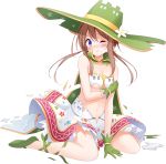  1girl ;( artist_request bare_shoulders between_legs blue_eyes blush breasts brown_hair cleavage dress flower full_body green_footwear green_hat hair_flower hair_ornament hand_between_legs hat looking_at_viewer low_twintails mary_janes official_art oshiro_project oshiro_project_re shoes sidelocks sitting small_breasts solo spis_(oshiro_project) torn_clothes torn_dress transparent_background twintails 