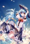  1girl above_clouds artist_name black_skirt blouse blue_hair blue_sky bow dated day eyebrows_visible_through_hair flat_chest flying food fruit hair_between_eyes hair_blowing hand_on_headwear hat highres hinanawi_tenshi leaf legs_up light_smile ling_mou long_hair looking_at_viewer outdoors peach petals petticoat puffy_short_sleeves puffy_sleeves red_bow red_eyes short_sleeves skirt sky solo touhou very_long_hair white_blouse wind 