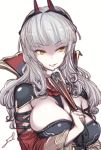  1girl breasts carmilla_(fate/grand_order) cleavage closed_fan fan fate/grand_order fate_(series) fingernails folding_fan fue_(rhomphair) grey_hair hair_over_eyes holding holding_fan horns large_breasts long_fingernails long_hair looking_at_viewer shaded_face silver_hair smile solo upper_body 