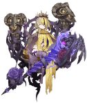  1girl blonde_hair braid briar_rose_(sinoalice) crown dark_persona empty_eyes expressionless flower full_body half-nightmare jino messy_hair multicolored multicolored_skin official_art one_eye_covered pale_skin purple_skin sinoalice sitting solo thorns transparent_background yellow_eyes 