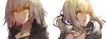  2girls artoria_pendragon_(all) black_dress blonde_hair breasts dress eyebrows_visible_through_hair fate/grand_order fate_(series) fur_trim green_eyes hair_tie jacket jeanne_d&#039;arc_(alter)_(fate) jeanne_d&#039;arc_(fate)_(all) jewelry multiple_girls necklace ponytail saber_alter saihate_(d3) sidelocks silver_hair turning_head yellow_eyes 