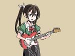  &gt;:) &gt;:d 1girl adrian_ferrer black_hair electric_guitar guitar hair_ribbon instrument kantai_collection music neck_ribbon open_mouth playing_instrument puffy_short_sleeves puffy_sleeves ribbon short_sleeves simple_background smile solo tone_(kantai_collection) twintails 