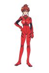  1girl bodysuit brown_eyes brown_hair cosplay full_body hairpods hand_on_hip highres light_smile lipstick looking_at_viewer mahoromatic makeup neon_genesis_evangelion number official_art plugsuit red_bodysuit red_lipstick rimless_eyewear shikijou_saori sidelocks simple_background solo souryuu_asuka_langley standing updo white_background 