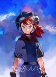  1boy blue_background blue_eyes closed_mouth facing_viewer floating_hair goggles goggles_on_head grandia grandia_i hat justin_(grandia) looking_at_viewer male_focus redhead short_sleeves smile solo traditional_media ukumo_uichi watercolor_(medium) wind 