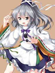  1girl :d green_eyes green_ribbon grey_hair hair_between_eyes hat hat_ribbon highres japanese_clothes kariginu looking_at_viewer medium_hair mononobe_no_futo neck_ribbon open_mouth pom_pom_(clothes) ponytail purple_ribbon red_ribbon ribbon ruu_(tksymkw) smile solo tate_eboshi touhou wide_sleeves 