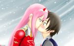  1boy 1girl black_hair blindrexer blue_eyes couple darling_in_the_franxx face-to-face green_eyes highres hiro_(darling_in_the_franxx) horns kiss long_hair looking_at_another military necktie oni_horns orange_neckwear pink_hair short_hair zero_two_(darling_in_the_franxx) 