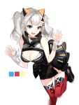  1girl :d animal_ears bangs blue_eyes blunt_bangs boots breasts cat_ears claw_pose cleavage cleavage_cutout color_guide d-pad d-pad_hair_ornament dress eyebrows_visible_through_hair fake_animal_ears grey_hair hair_ornament hairpin highres kaguya_luna kaguya_luna_(character) large_breasts looking_at_viewer naru_(ul) obi open_mouth red_legwear sash simple_background sleeveless smile solo standing standing_on_one_leg thigh-highs twintails virtual_youtuber white_background wrist_cuffs 